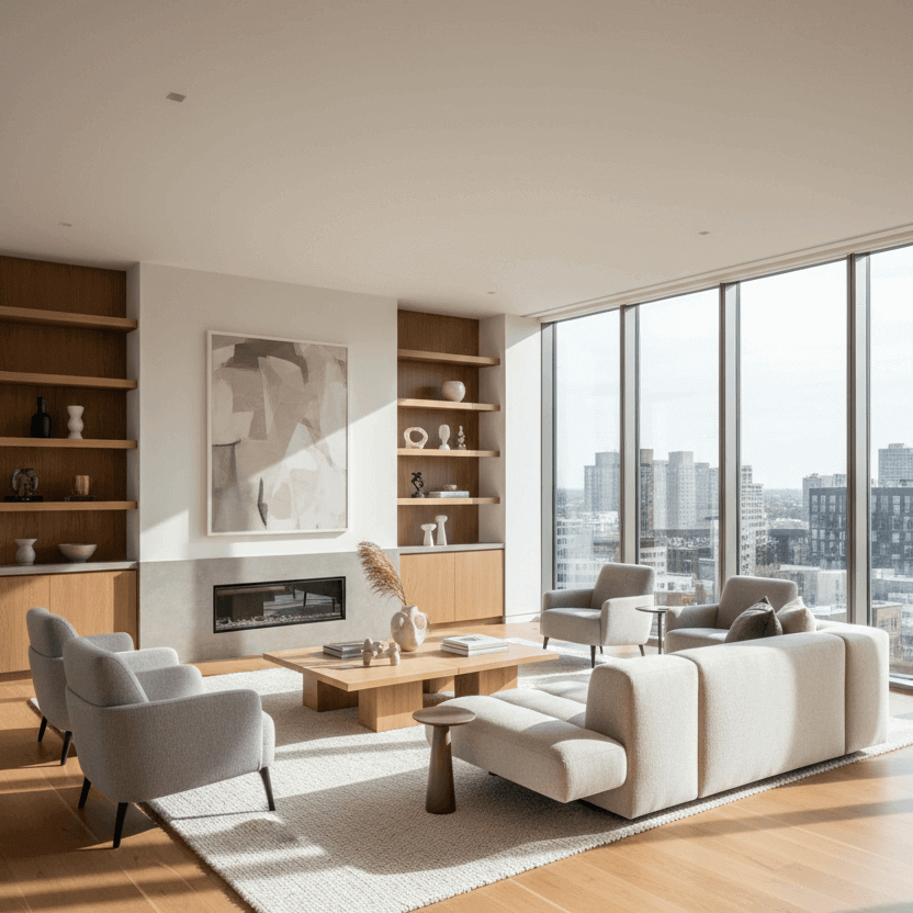 Modern living room with large windows, white furniture, and cityscape view.